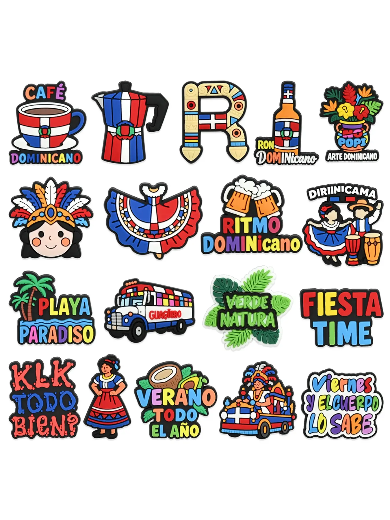 18pcs Cartoon Dominican Republic Culture PVC Shoe Decorations, Cross Shoe Accessories for Holey Shoes and Bags, Detachable DIY Non-Toxic Material, Gift Idea
