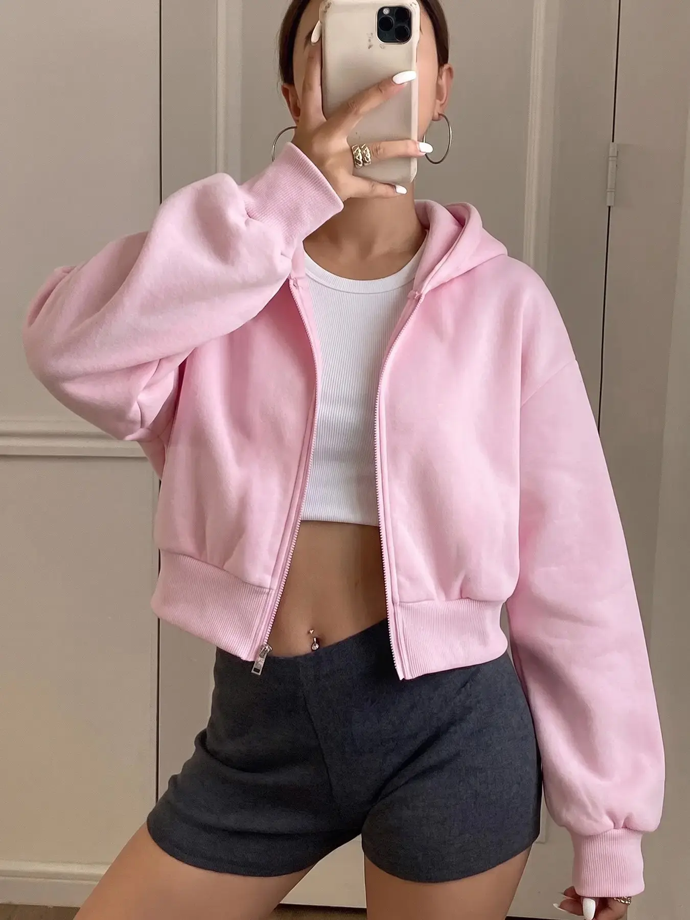 Women Light Pink Oversized Hooded Full Zip Cropped Sweatshirt Jacket, Korean Cleanfit Matte Heavy French Terry Drop Shoulder Short Hoodie, Pastel Pink Feminine Elastic Cuff Layering Outerwear #pinkcroppedziphoodie #cleanfitsoftjacket #tiktokmademebuyit #f