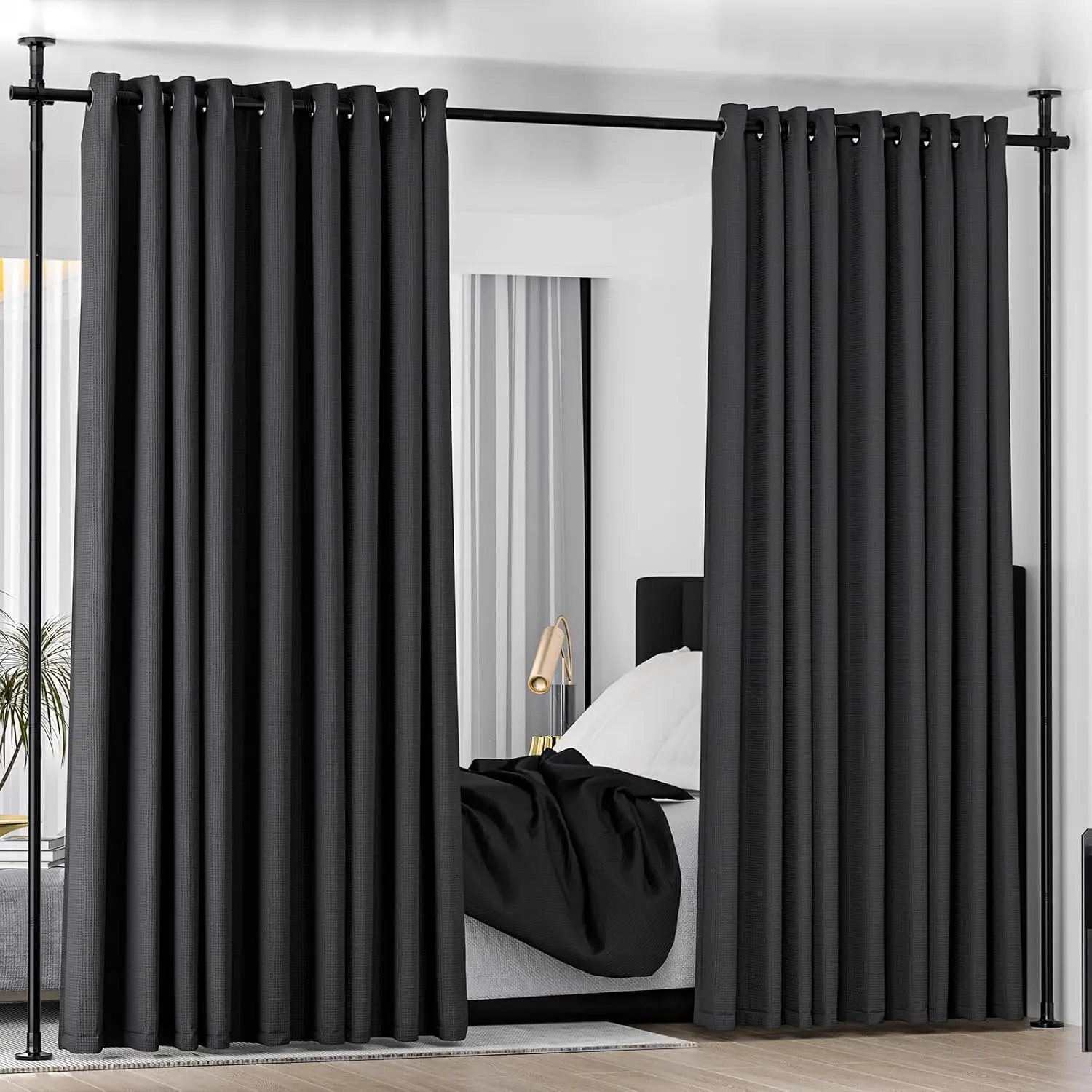 No Drilling Room Divider Curtain Rod, Adjustable 48-120in H 30-70in W, Heavy Duty Floor to Ceiling Tension Rod for Temporary Privacy Room Separation, Black