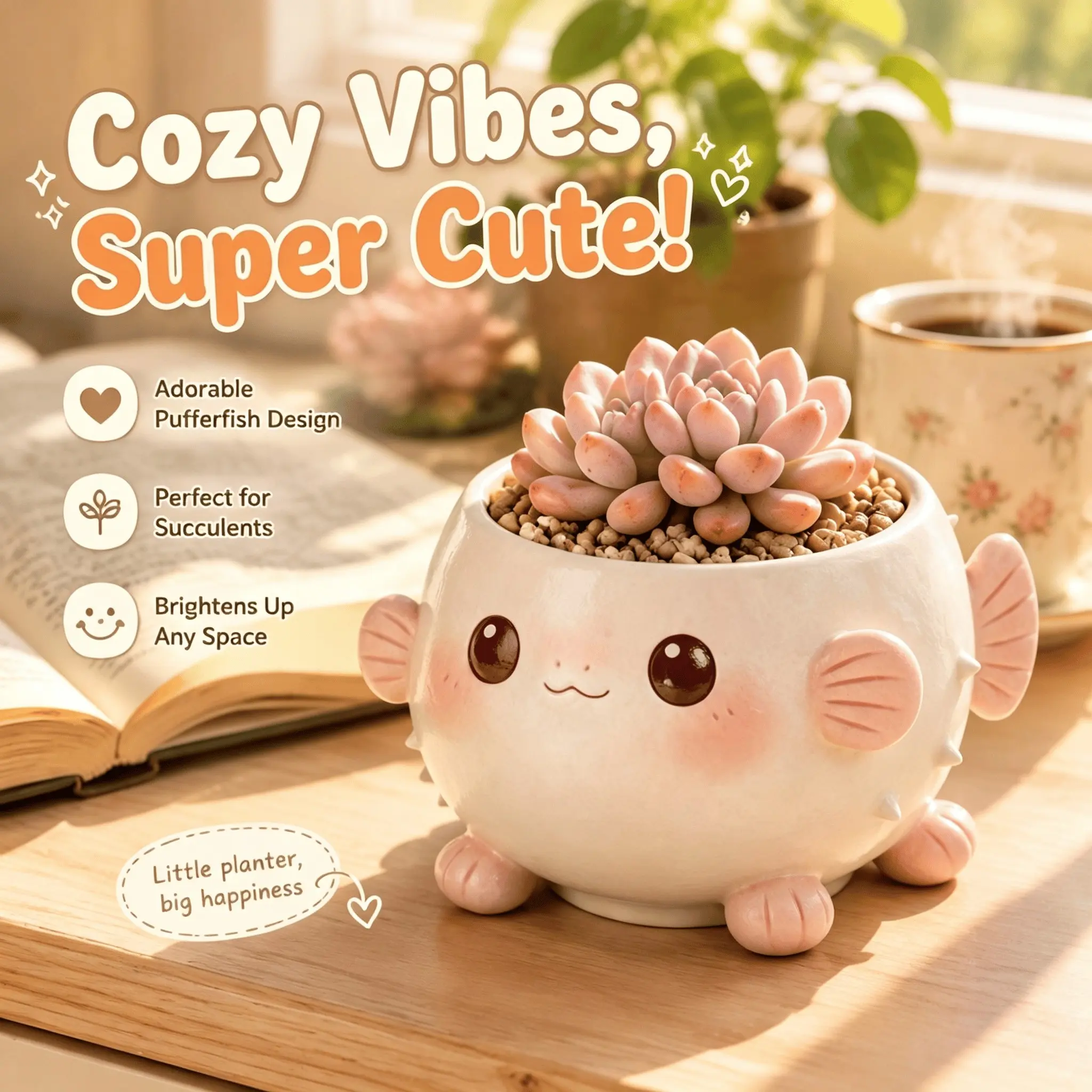 Cute Pufferfish Resin Succulent Planter Pot, Novelty Animal Shaped Cactus Flower Pots, Small Decorative Flower Vase Planters for Indoor Plants, Desk Plant Container Home Office Window Sill Decor, Creative Fish Figurine Garden Supplies Gift for Plant Lover