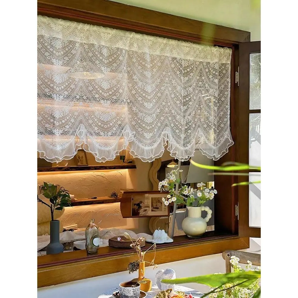 Short Lace Valances for Windows - 41 Inches Cafe Curtains Valances, Ruffle Lace Pearl Bottom Embroidered Breathable Lightweight Sheer Tulle, for Bedroom Cafe, 1 Panel, Lightweight Sheer Valances