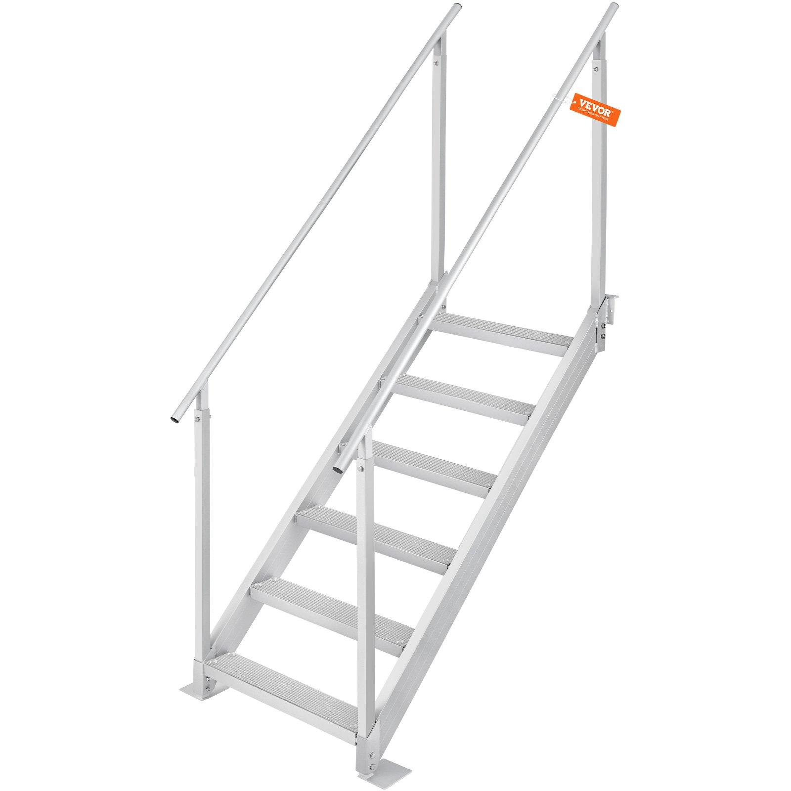 【Summerfinds】6-Step Aluminum Adjustable Dock Ladder, 43-51in Free Height Adjustment, 500lbs Load Capacity, Dual Nonslip Mat Rails, Comfortable Walking, 31.5x72.8x82.3in Size, Ideal for Swimming Pools, Safe for Child & Elderly, Handrail