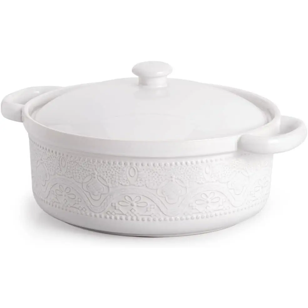 Casserole Dish, 2 Quart Lace Emboss Dish with Lid, Oven to Table Ceramic Round Serving Handles for Dinner and Party, Thanksgiving Christmas Gifts(Bright White)