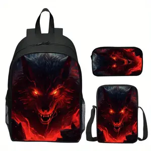 Three-Piece Set Digital Print Animal Wolf King Men's Backpack, Crossbody Bag, Pencil Case, Unisex Women's Shoulder Bag Set with Customizable Signature and Text