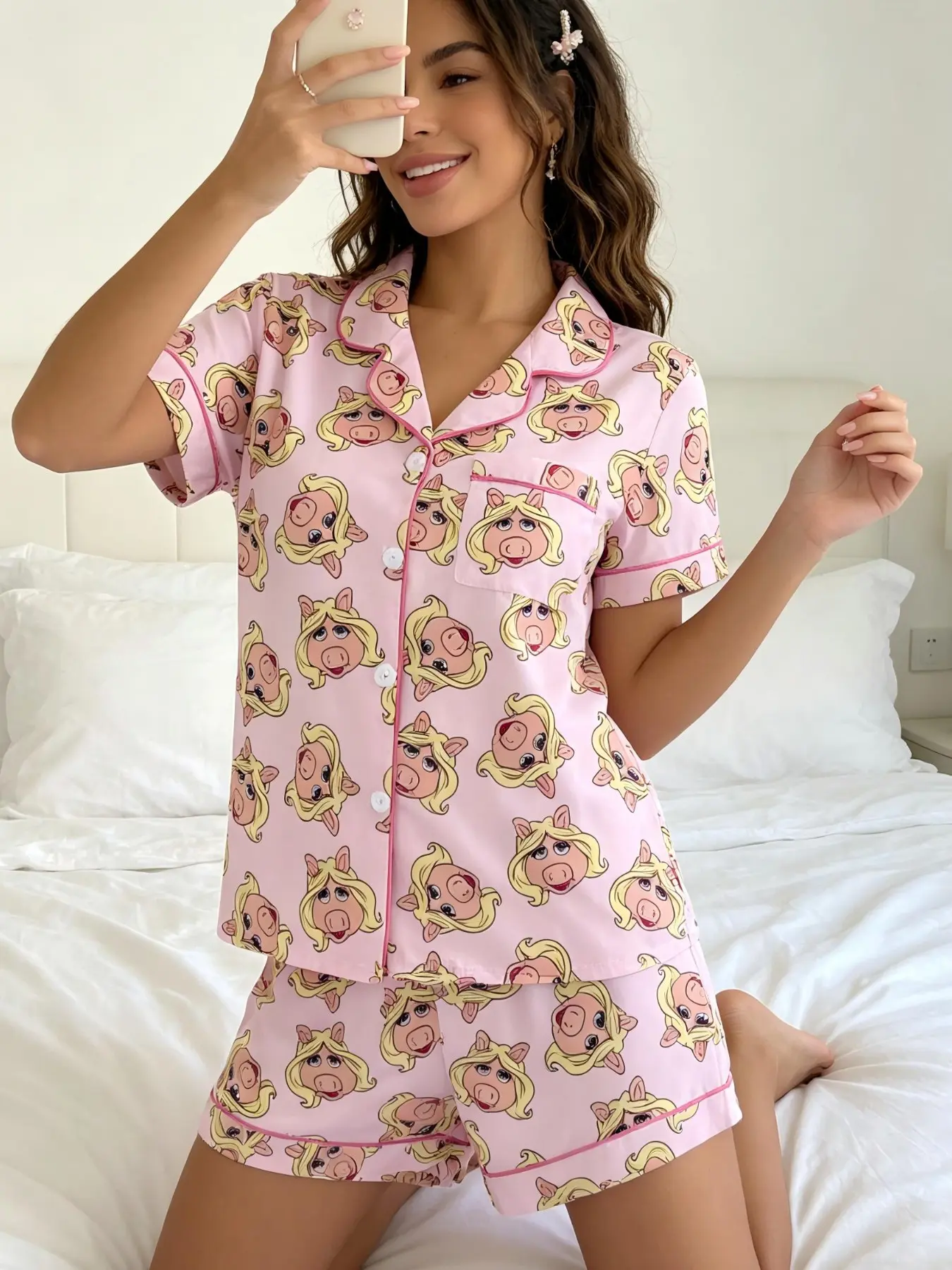 Adorable Cartoon Piggy Sleepwear Set, Soft Breathable Pajamas with Pocket Design, Casual Summer Home Wear for Women, Comfortable Lounge