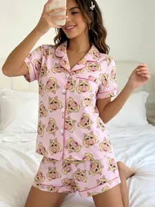 Adorable Cartoon Piggy Sleepwear Set, Soft Breathable Pajamas with Pocket Design, Casual Summer Home Wear for Women, Comfortable Lounge