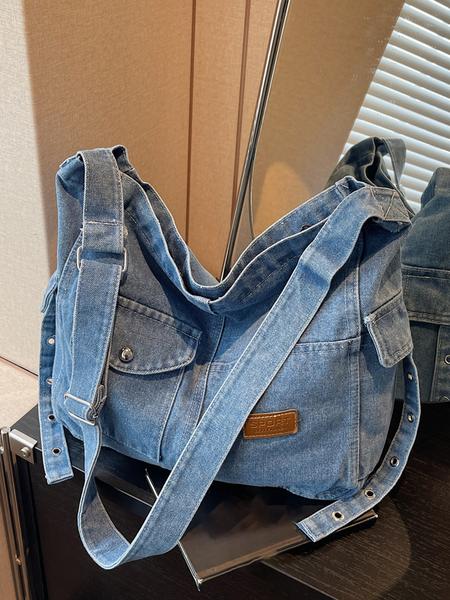 Simple retro denim shoulder bag, multi-pocket workwear style messenger bag, washed and distressed craftsmanship, retro casual messenger bag, Denim crossbody bags, suitable for daily commuting, shopping, outdoor travel, etc.
