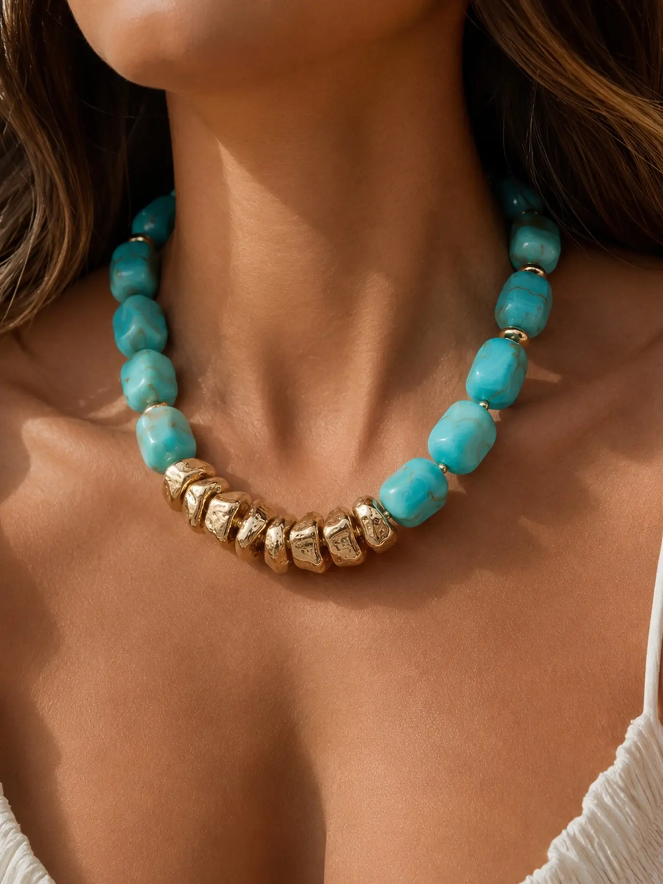 Chunky Turquoise Acrylic Bead Necklace for Women, Gold Statement Choker, Boho Beach Summer Jewelry, Vacation Gift, Beaded Necklaces