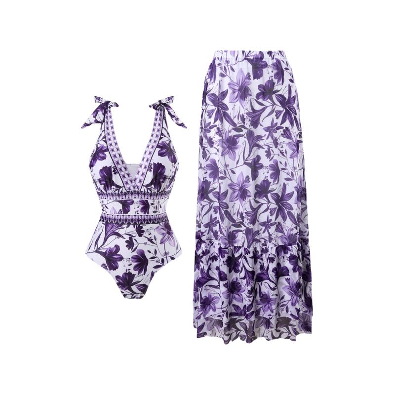 Women's V Neck Bohemian Print One-Piece Swimsuit and Matching Cover Skirt Set Summer Swimdress Swimming Vacation Beach Bathing SuitSuit Stylish Beachwear