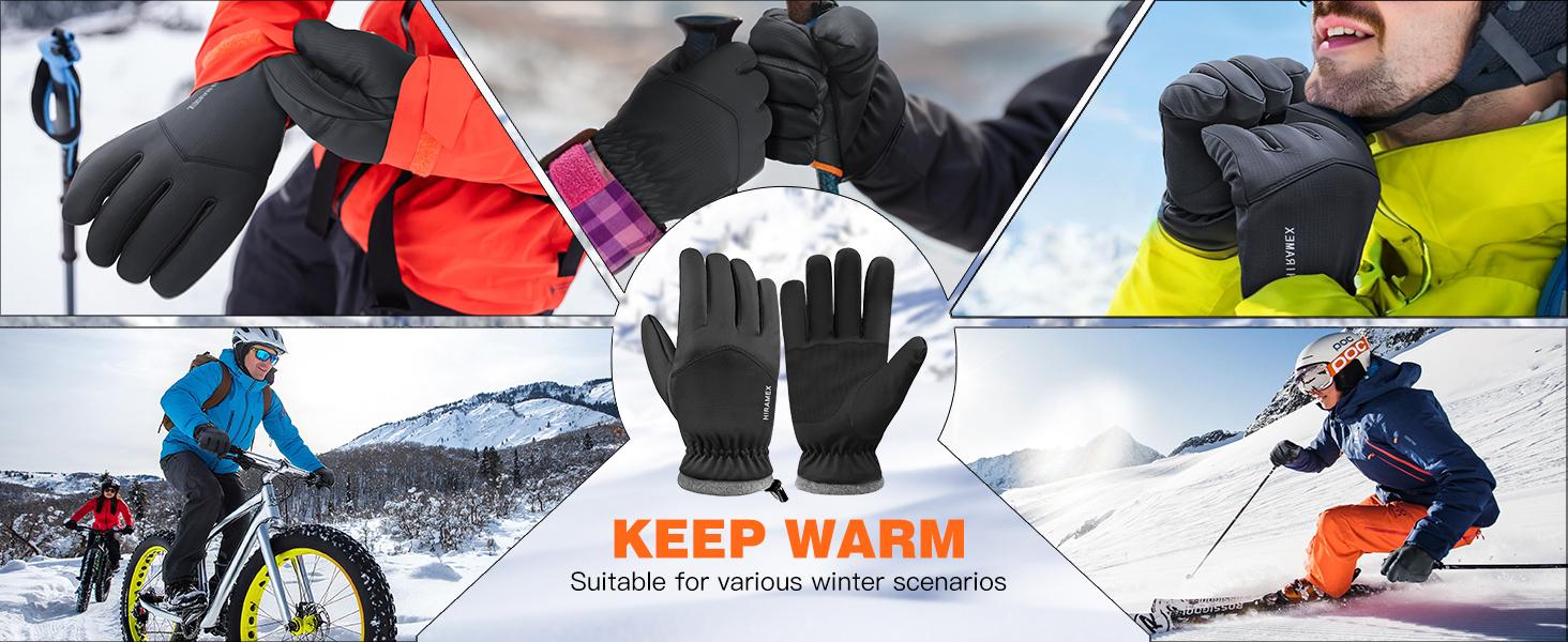 Hiramex Winter Waterproof Gloves Men Women, Windproof Warm Ski Gloves for Cold Weather, Touch Screen Snow Warm, Running Driving Cycling