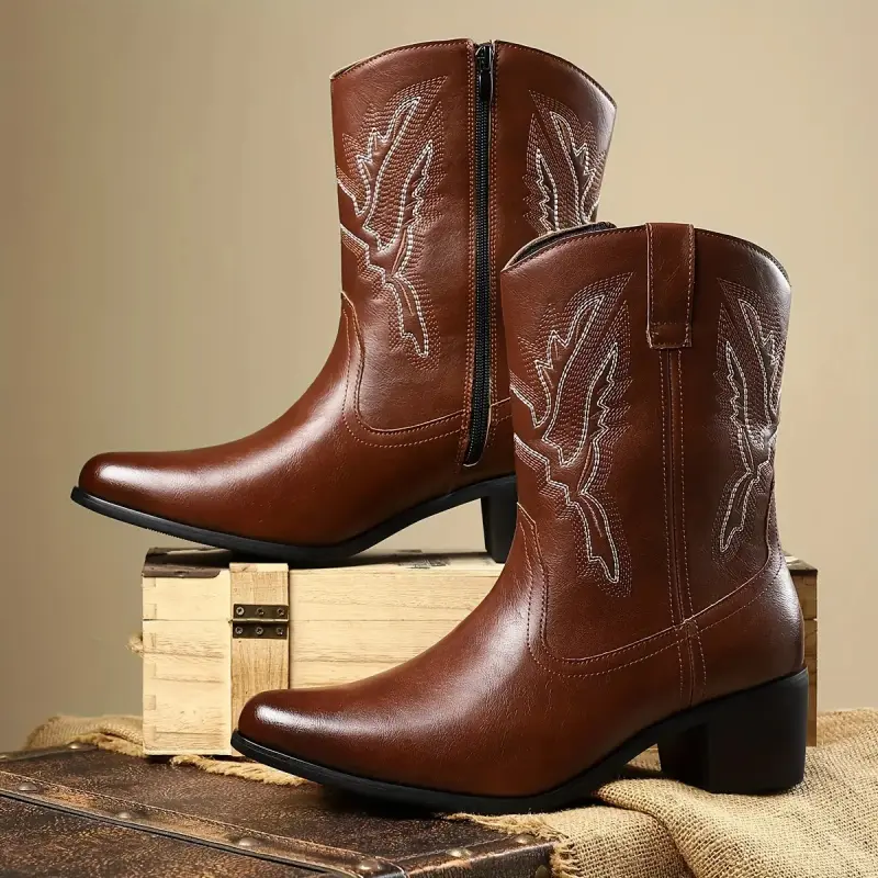 2026 Vintage Western Cowboy Boots Men Top Outdoor Embroidered Floral Zipper Boots Men's European and Styutdoor Boots Footwear Walking Shoes Decor Comfort Weight Dark Brown Men's Wide Square Toe Cowboy Boot Classic Women