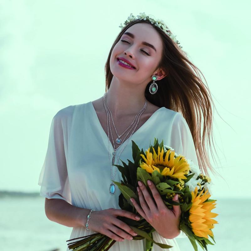 Bohemian Turquoise  for Women Men Western Turquoise Set Western Adjustable Belt Rings and Necklace  Turquoise Drop Earrings Bracelet Western Boho Turquoise  for Women