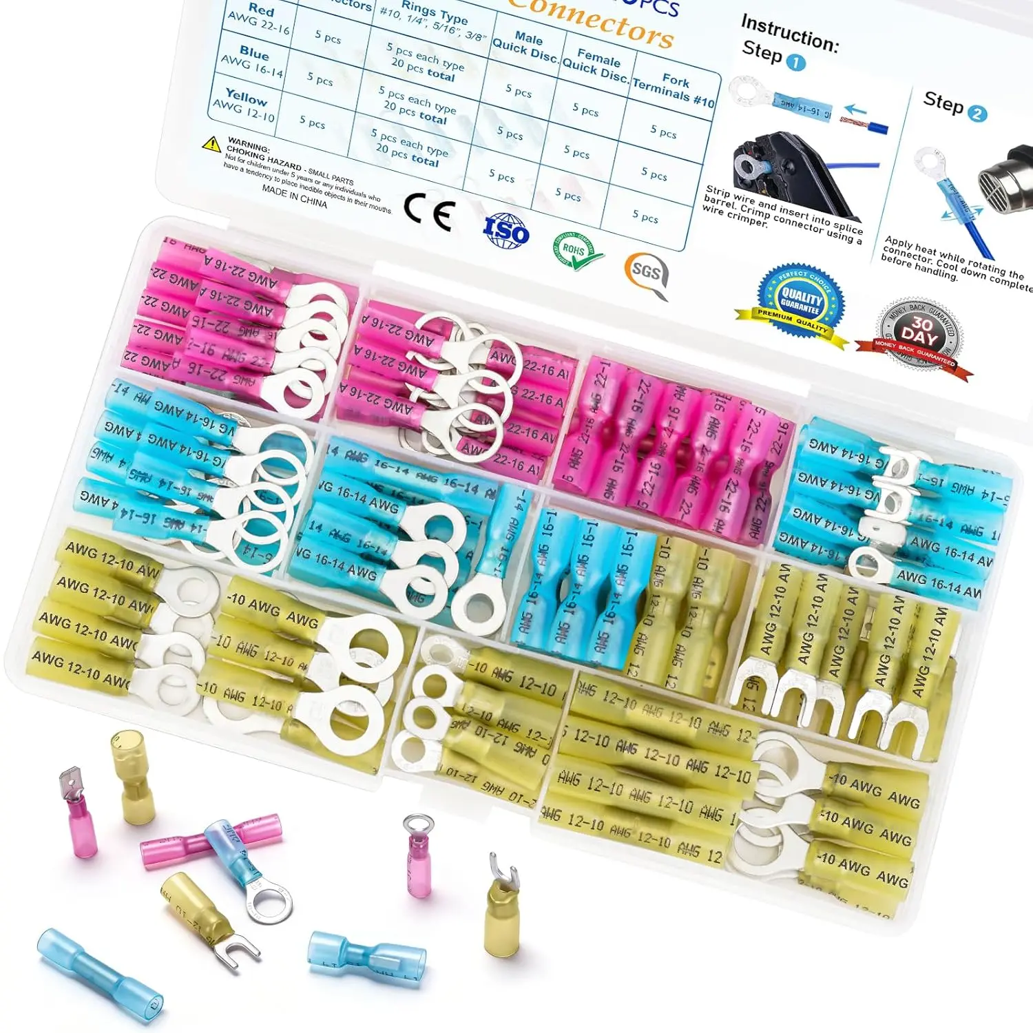 120Pcs Heat Shrink Wire Connectors, Waterproof Automotive Marine Electrical Terminals Kit, Crimp Connector Assortment, Ring Fork Spade Butt Splices