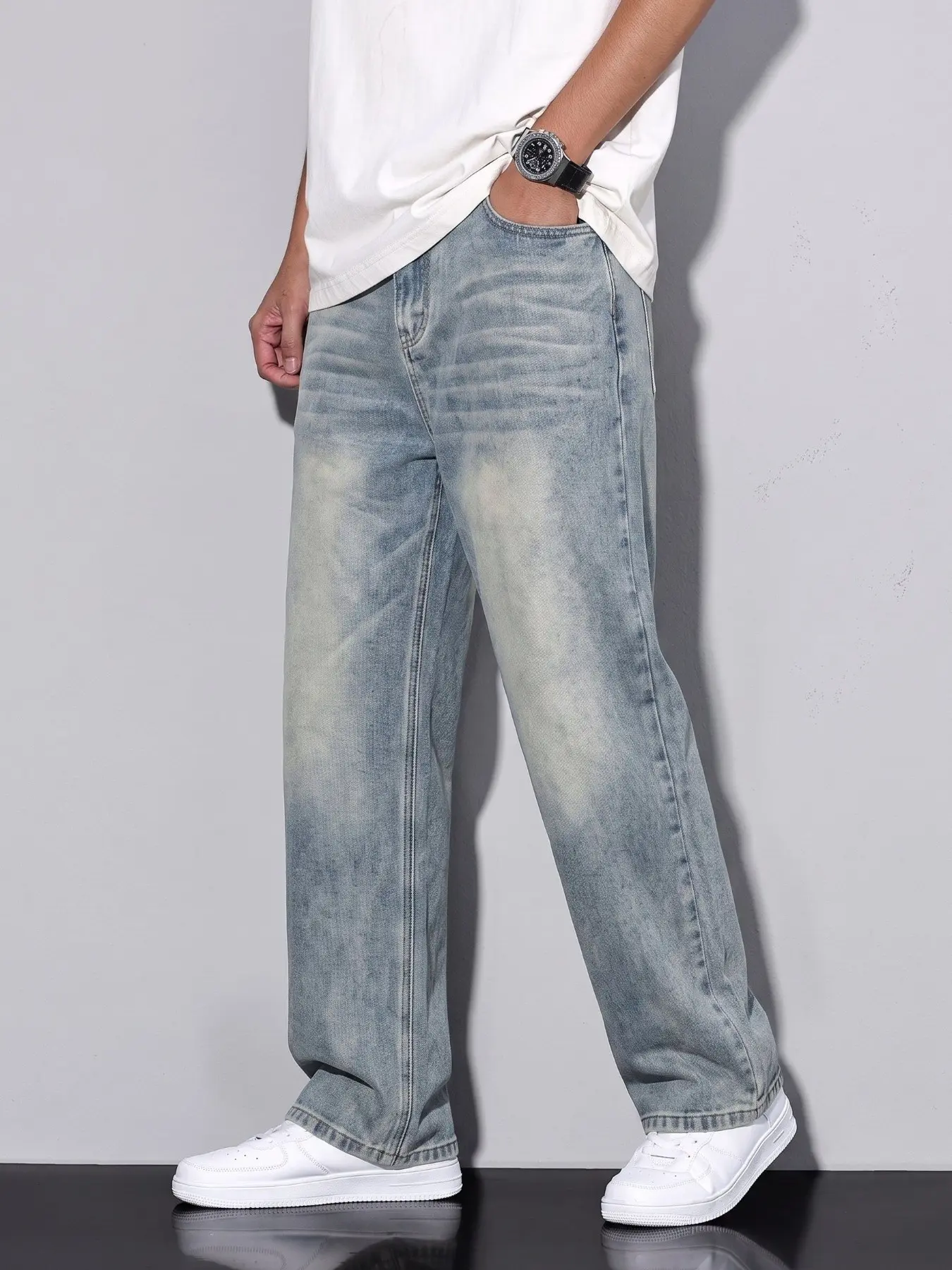Men's Loose Fit Jeans, Comfortable Casual Streetwear Style, Plain Denim Long Pants, Slim-Fitting, All Seasons, Versatile and Stylish