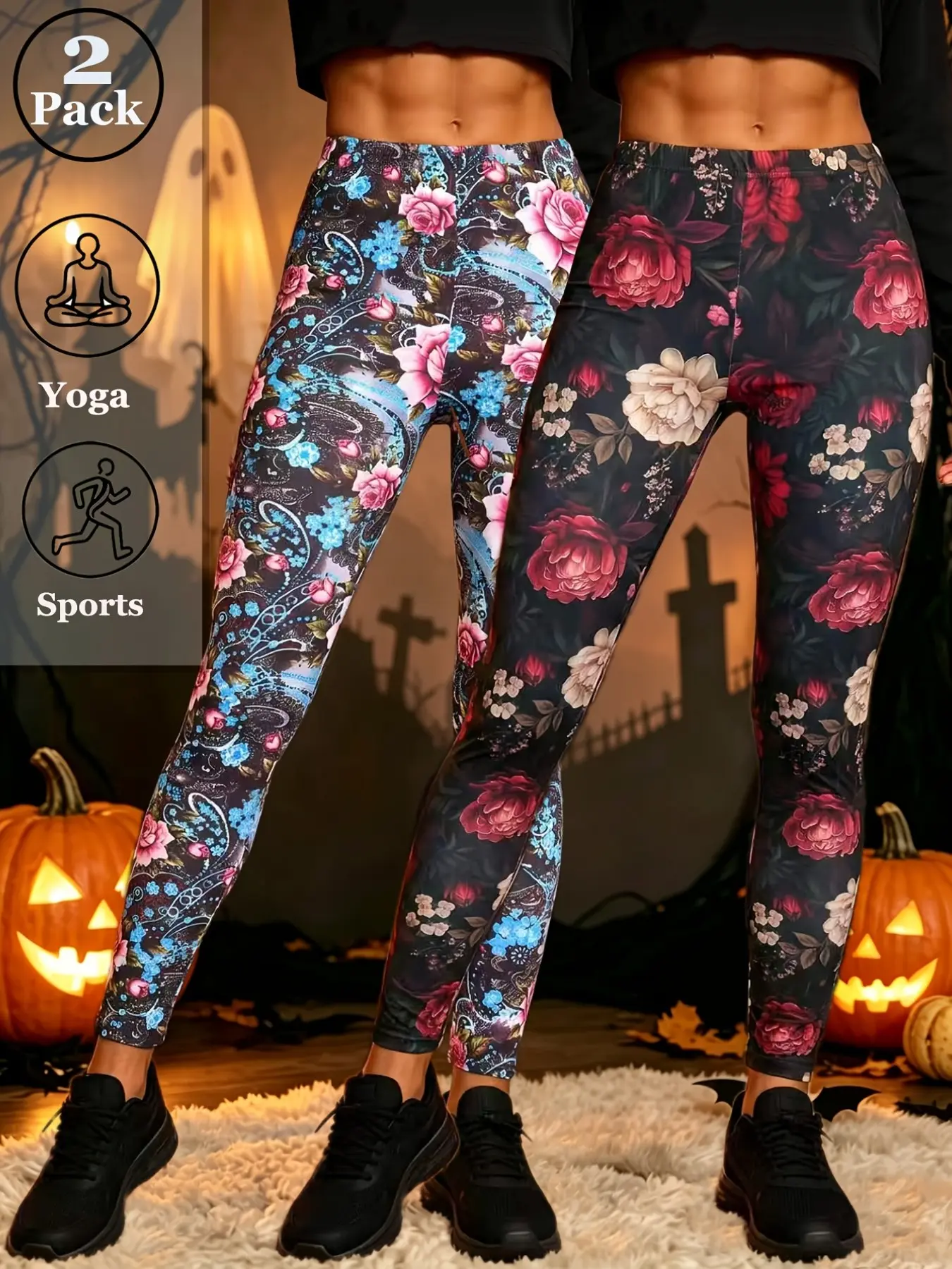 2 Pack Autumn Winter Women's High Elastic Rose Floral Print Yoga Exercise Leggings Activewear Bottoms Festive Casual Pants Stretch Soft Breathable Home Wear Fitness Workout Daily Outdoor Occasions Trousers