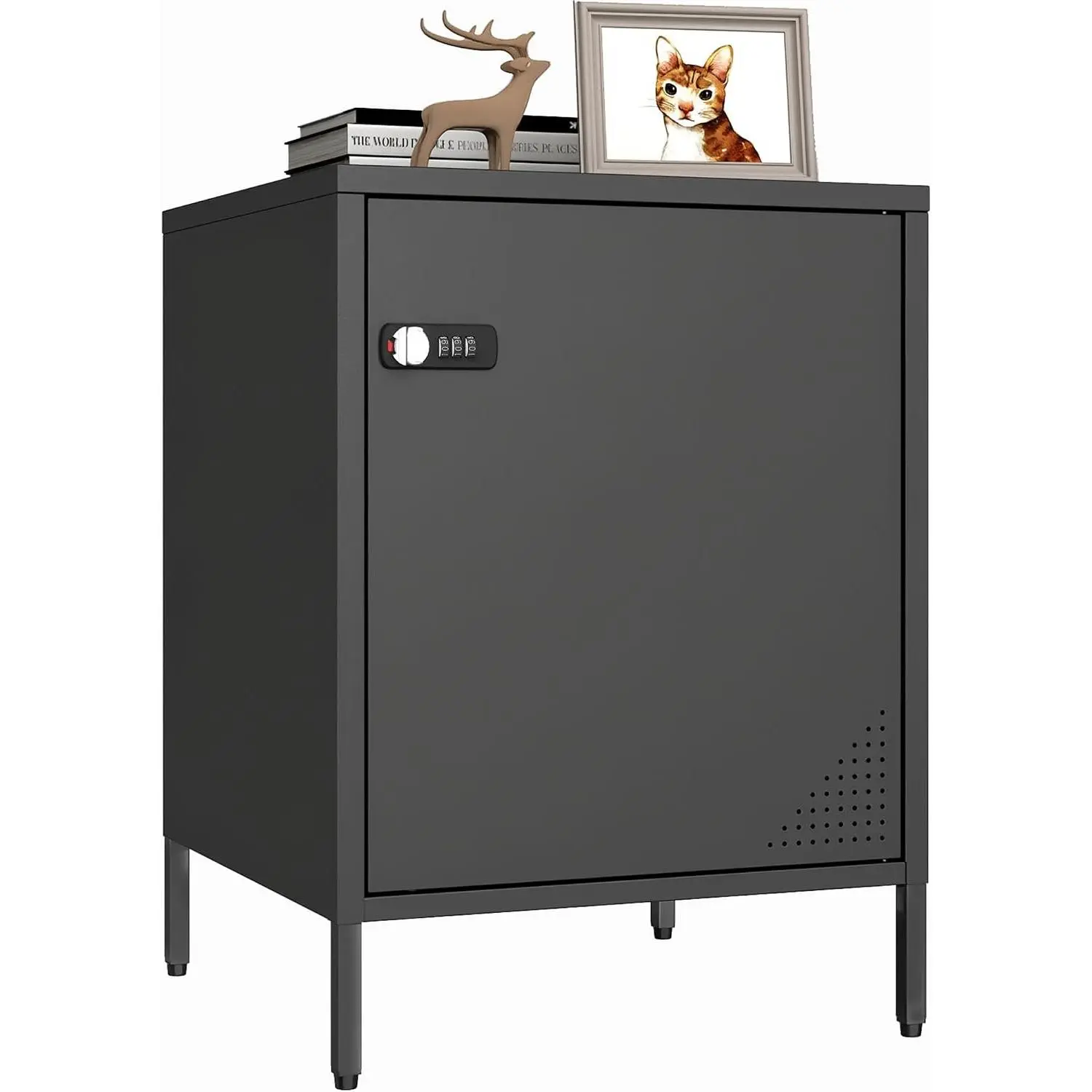 Black Metal Modern Compact Solid Rectangular Locker Nightstand - Lockable Cabinet with Digital Combination Lock, Adjustable Shelf, Secure Storage for Bedroom Office