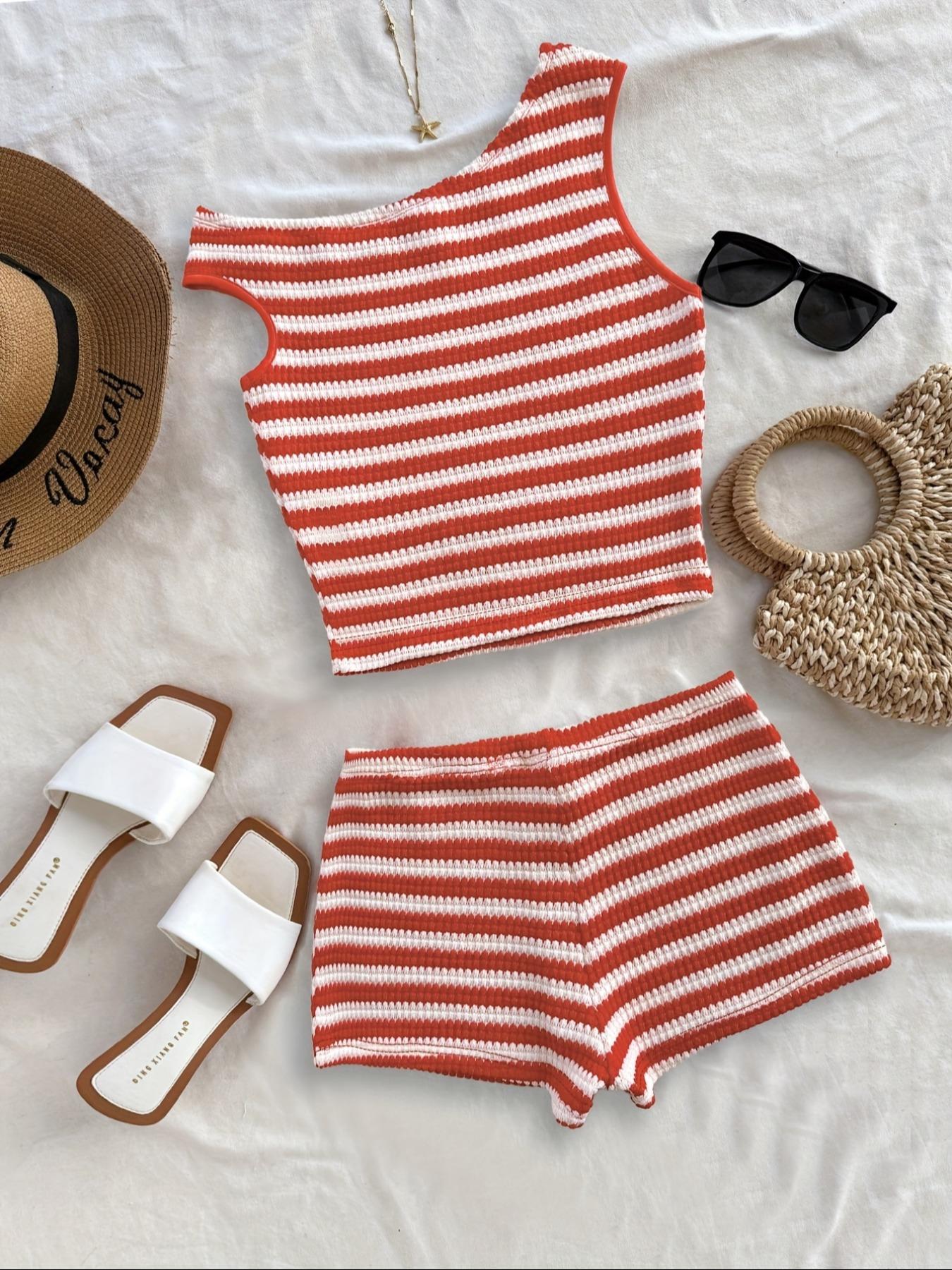 Women's Striped Pattern Asymmetrical Top & Shorts Set without Accessories, Casual Sleeveless Top & Shorts, Ladies Summer Outfit