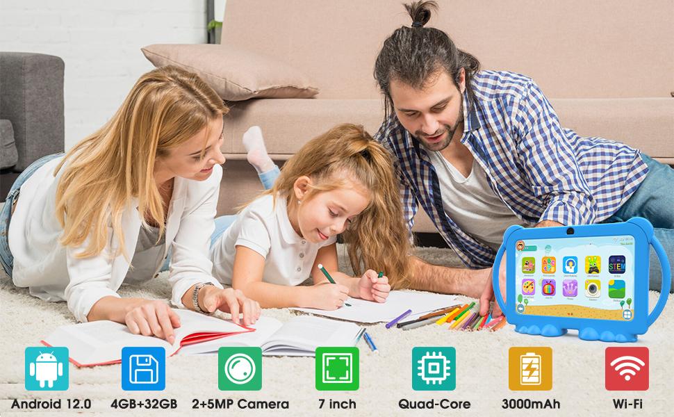 Tablet 7 inch Android 12.0 for, 4GB RAM 32GB ROM Bluetooth IPS Screen Parental Control Dual Camera Shockproof Case for Educational Games, (Blue)