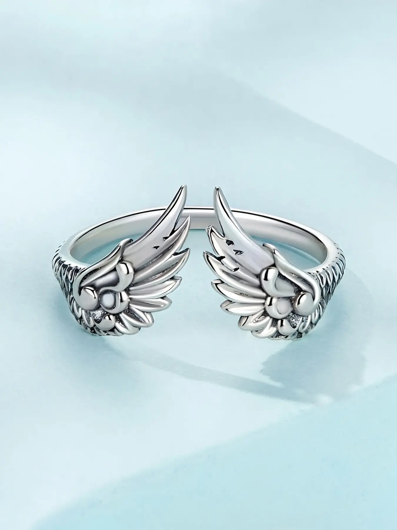 Simple Vintage Feather Angel Wings Open Ring for Women, Zircon Plated Silver Color, Perfect Birthday Gift, Valentines Day Jewelry, Unique Rings