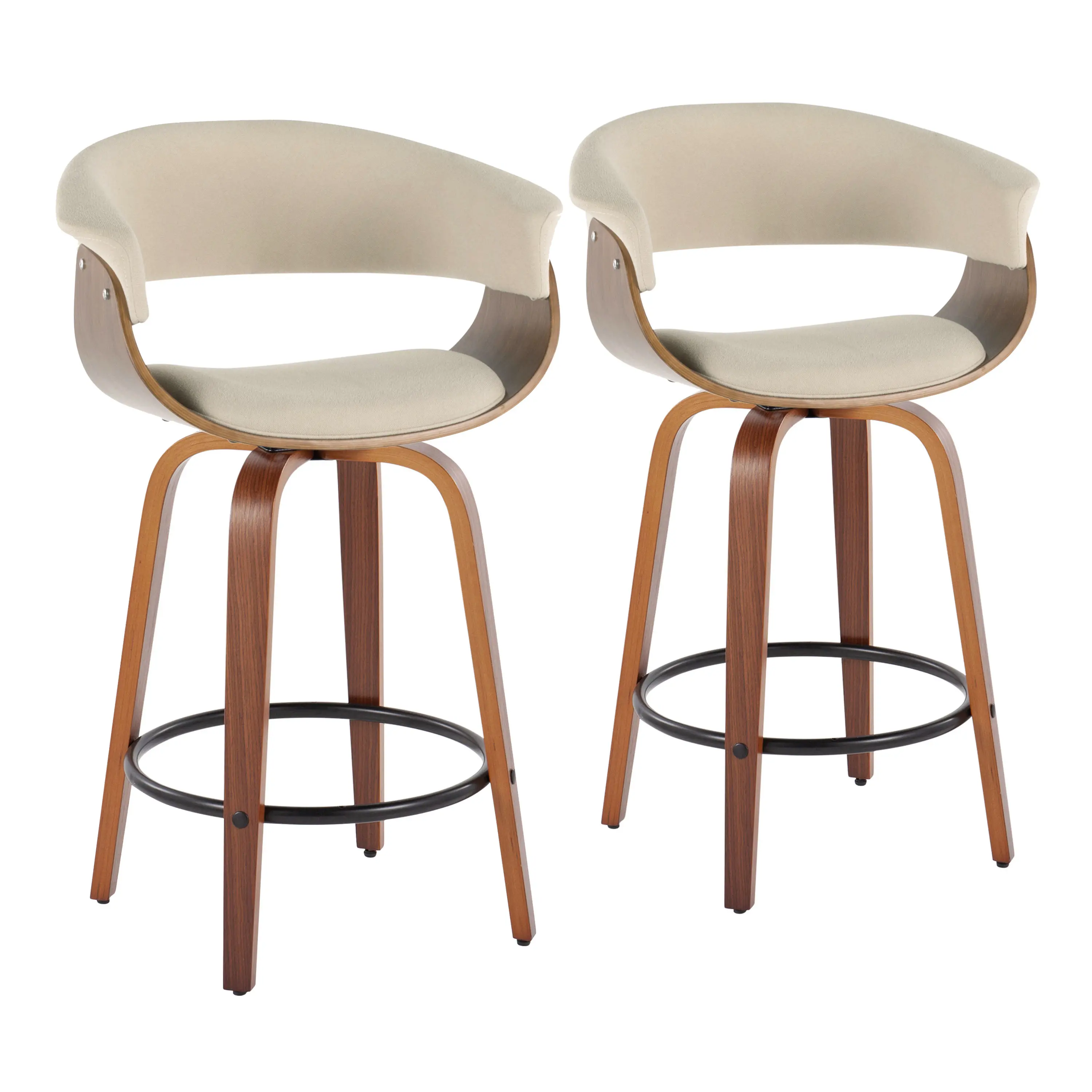 2-Piece 26-Inch ARCH Mid-Century Modern Counter Height Swivel Barstool Set - Walnut Wood & Metal Frame, Cream Fabric Swivel Seat, Round Black Metal Footrest, Kitchen Island Indoor Furniture