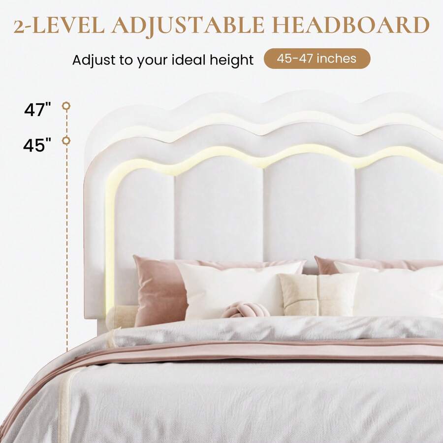 Twin/Full/Queen Upholstered Size Bed Frame With LED Lights, Adjustable Velvet Headboard With Wavy Design, Noise Free, Wooden Slats Platform Bed, Easy Assembly, No Box Spring Needed, White