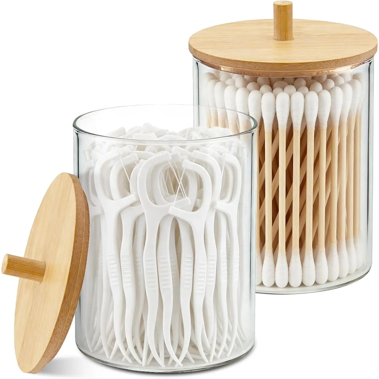 Glass Qtip Holder with  , 10 oz  Jars, 2 Pack | Small Glass Dispenser Jars with Labels, for  Swabs,  Balls, Pads, Floss Picks, Toothpicks,  Organization
