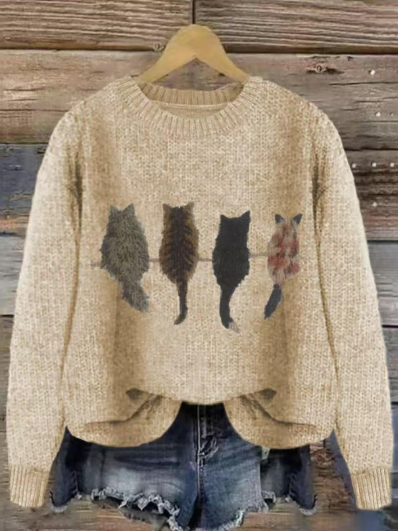 Women's Cat Pattern Knit Sweater, Soft Comfortable Round Neck Pullover, New Design Casual Fashion Lazy Style Top