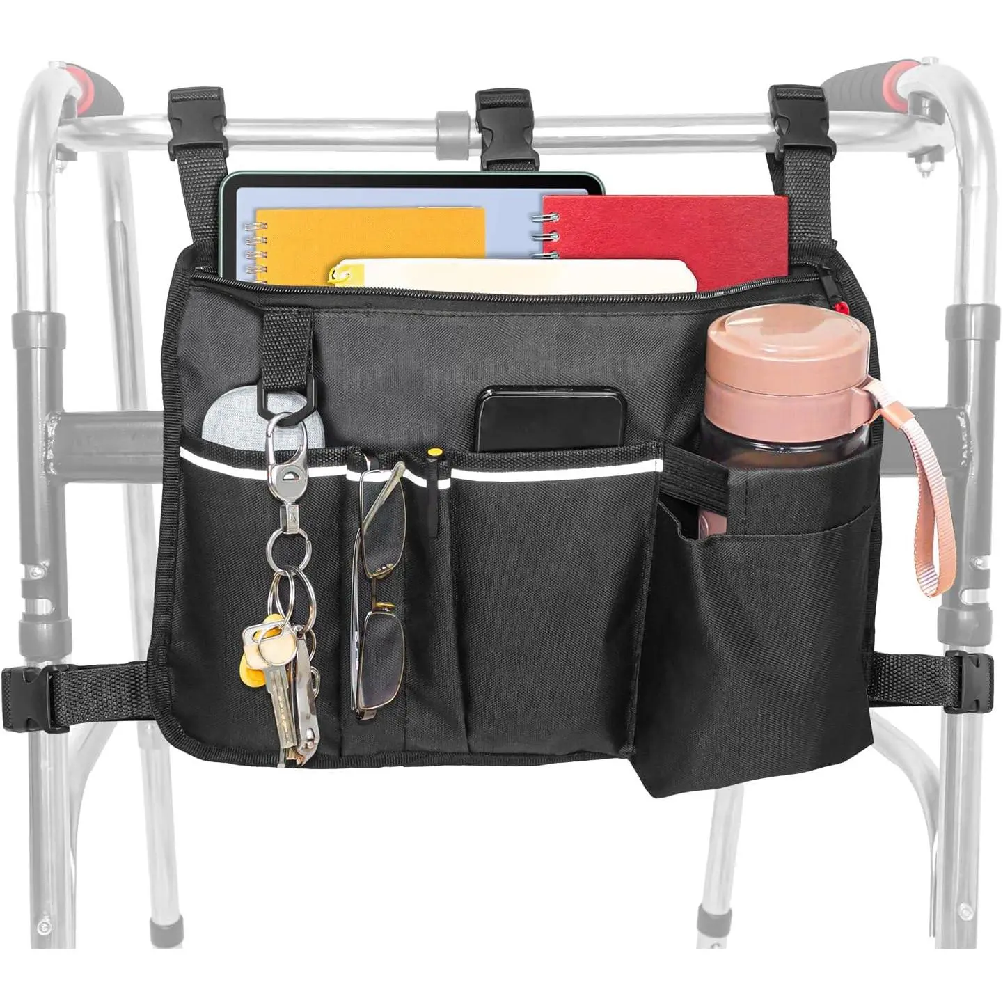 Large Walker Bag with Water Cup Holder,Walker Basket,Foldable Walker Storage Bag,Side Walker Bag,Walker Side Access Bag Organizer Pouch Tote,Scooters or Rollator Walkers (Black-16 x 11 inches)