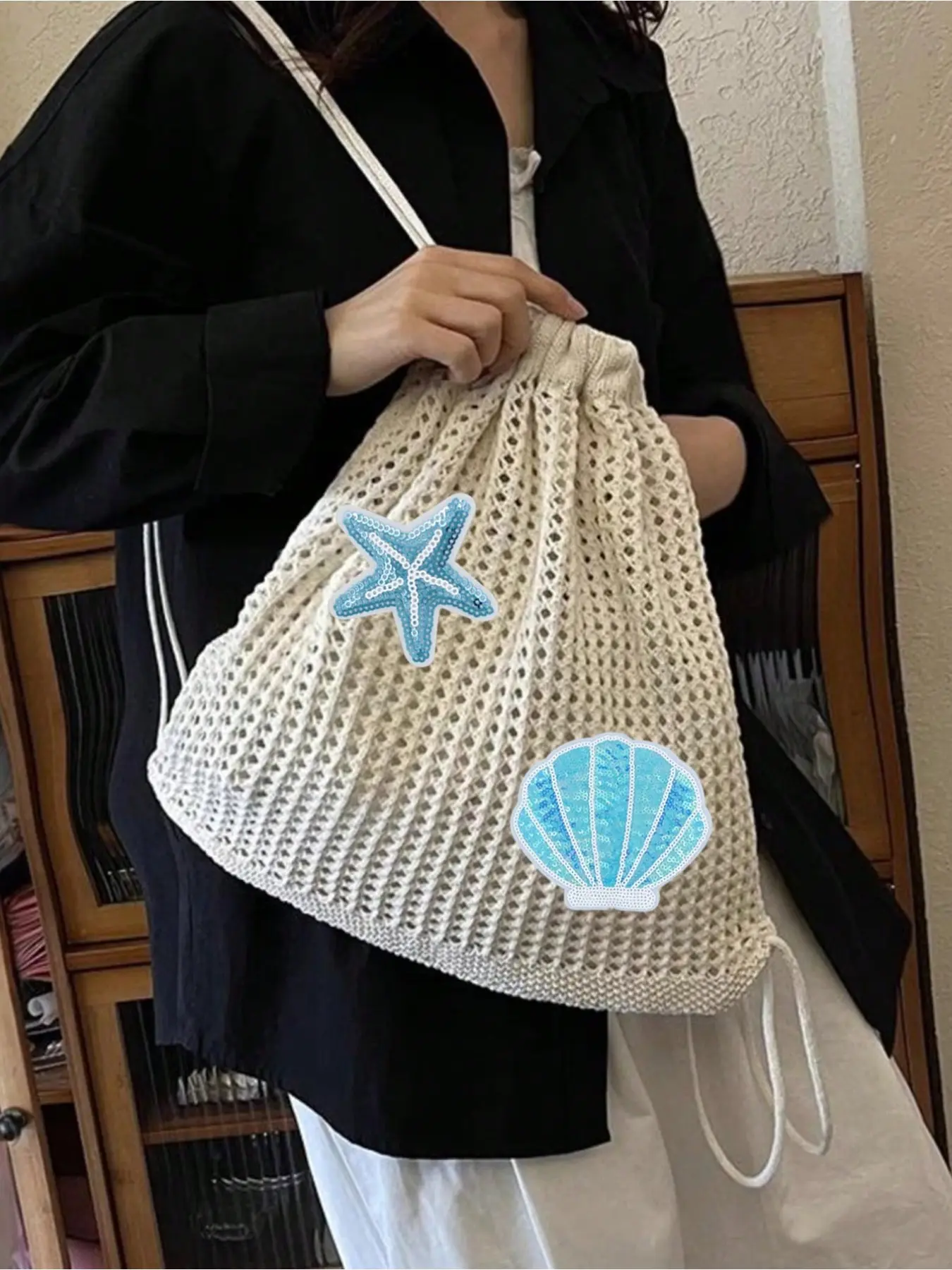 Boho Knit Drawstring Backpack, Cute Ocean Animal Embroidery Beach Bag, Lightweight Summer Shoulder Bag, Vintage Casual Crochet Backpack