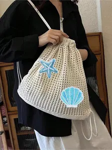 Boho Knit Drawstring Backpack, Cute Ocean Animal Embroidery Beach Bag, Lightweight Summer Shoulder Bag, Vintage Casual Crochet Backpack