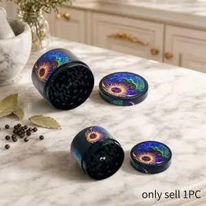 2inch 5cm Mini Manual Pepper Mill Peppercorn Dry Spice Grinder Black Base Psychedelic Sun Moon Print Option Compact Kitchen Seasoning Tool Home Cooking Meal Prep