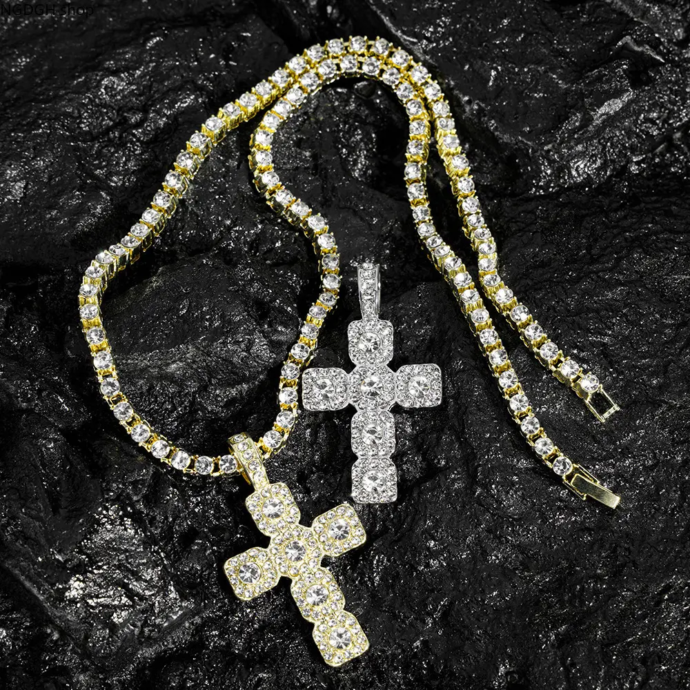 Bling Cross Necklace - Iced Out Tennis Chain Pendant, Men's Hip Hop Gold Silver Jewelry, Bold Statement Party Wear & Everyday Fashion Accessory for Hip Hop Look, Iced Out Pendant, Male, Gold Pendant + 18 Inch Single Row Chain, Silver Pendant + 18 Inch Sin