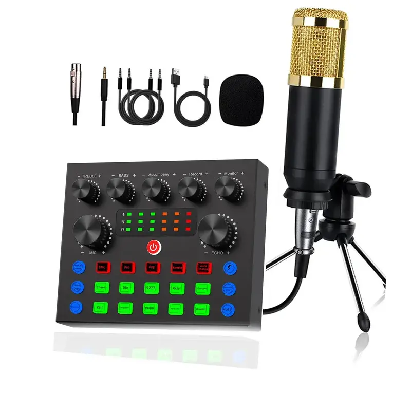 V8s sound card microphone set, Live Sound Cards, equipped with V8S voice converter audio interface capacitor microphone bracket popular filter DJ mixer, suitable for live streaming karaoke, professional tuning microphone set