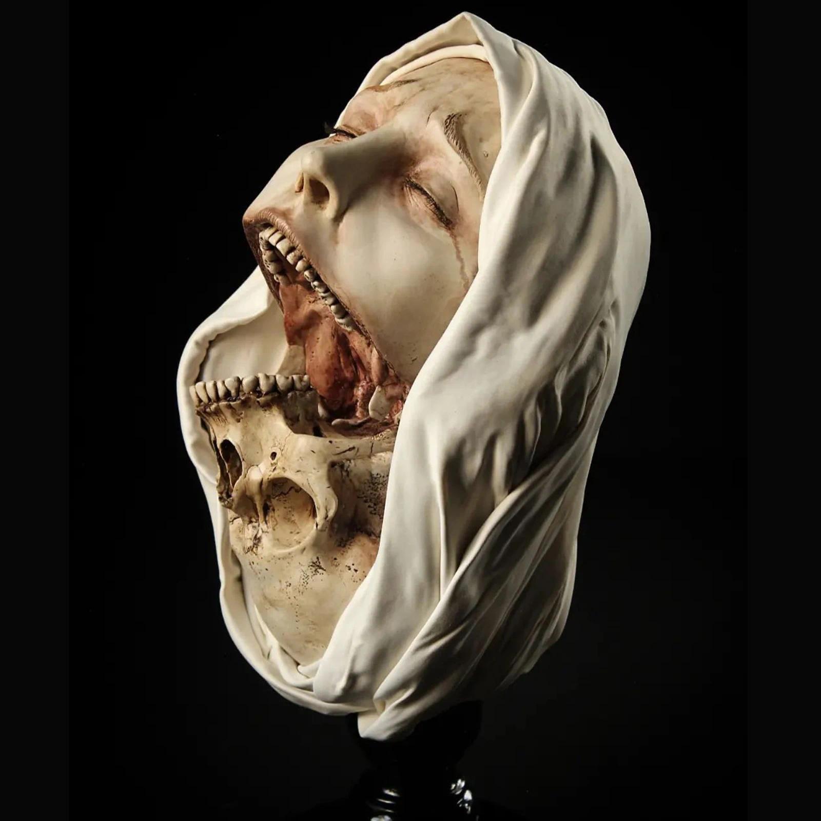 Creepy Nun Resin Statue Halloween Skull Transfiguration Sculpture for Home Decor Unique Artistic Horror Figure Desktop Ornament