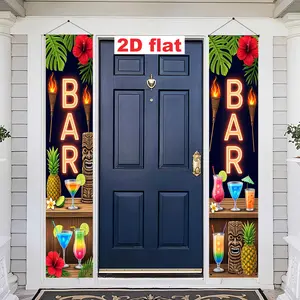 Hawaiian Tropical Bar Neon Style Door Couplets Banner, Polyester Material, Suitable for Room, Terrace, Studio, Front Entrance Door Decoration, Beach Party, Bar Atmosphere Setup, Photography Background Fabric, Outdoor Activity Decorations