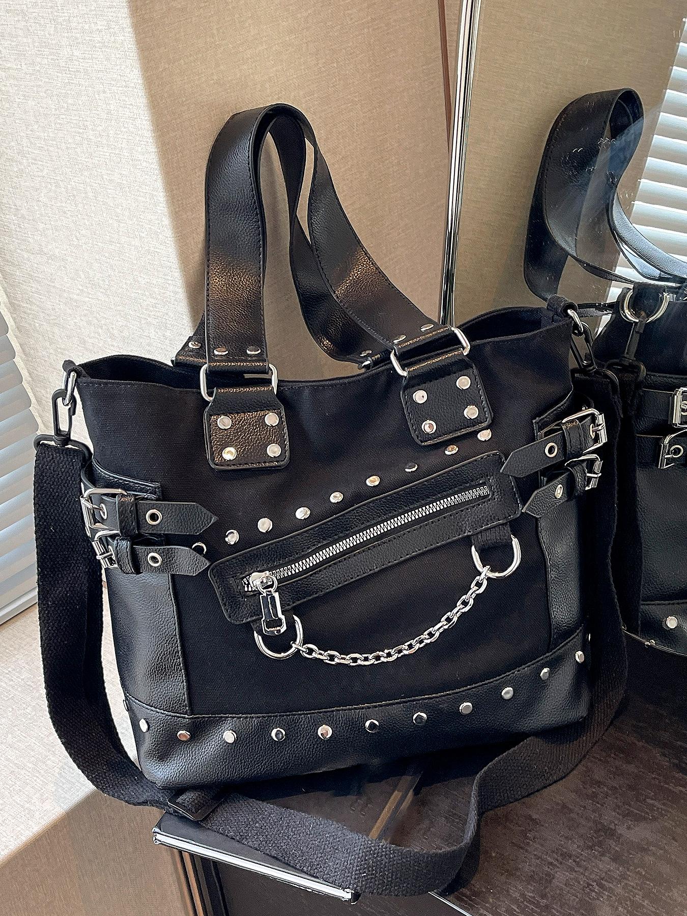 Niche Design Punk Style Rivet Chain Tote Bag, Casual Commuter Bag, Multi-pocket Functional Shoulder Crossbody Bag, Dark Hardware Decorated Handbag, Pu Tote Satchel, Street Style Fashion Trendy and Versatile, Suitable for Daily Travel, Etc