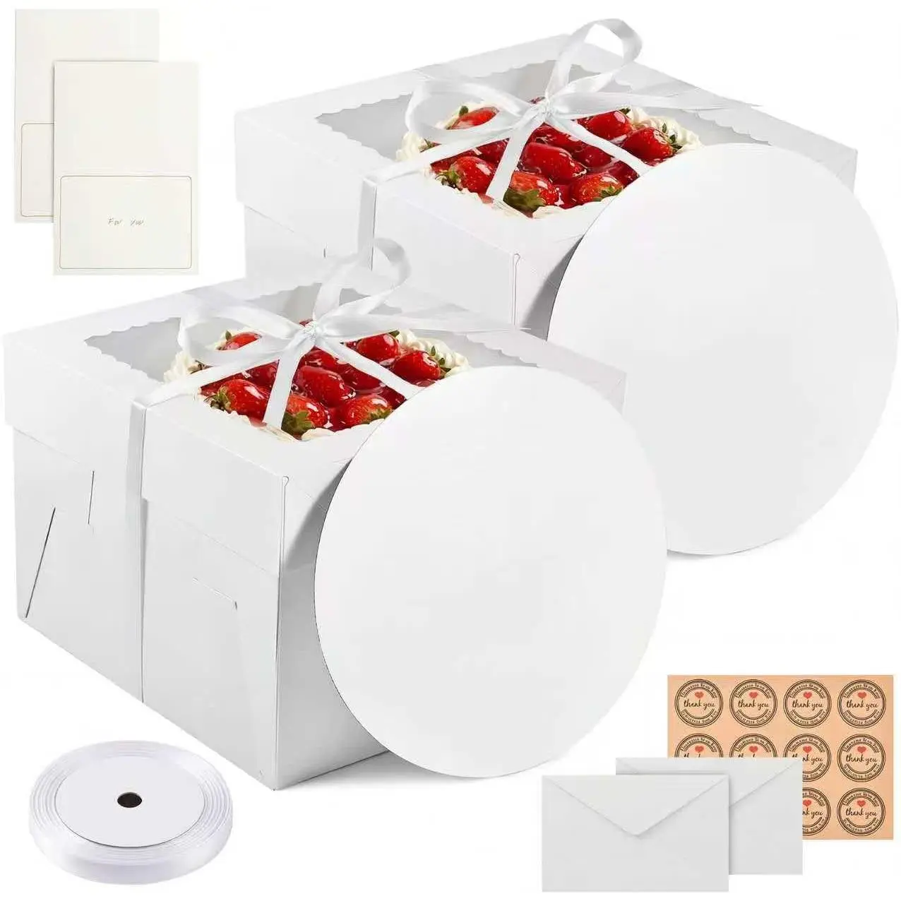 2 Pack 10 x 10 x 8 in Cake Boxes with Window & Cake Boards — Disposable Cake Carrier Boxes with Lid, Includes Stickers, Envelopes, Greeting Cards & Ribbon — Bakery Boxes for Cakes & Cupcakes