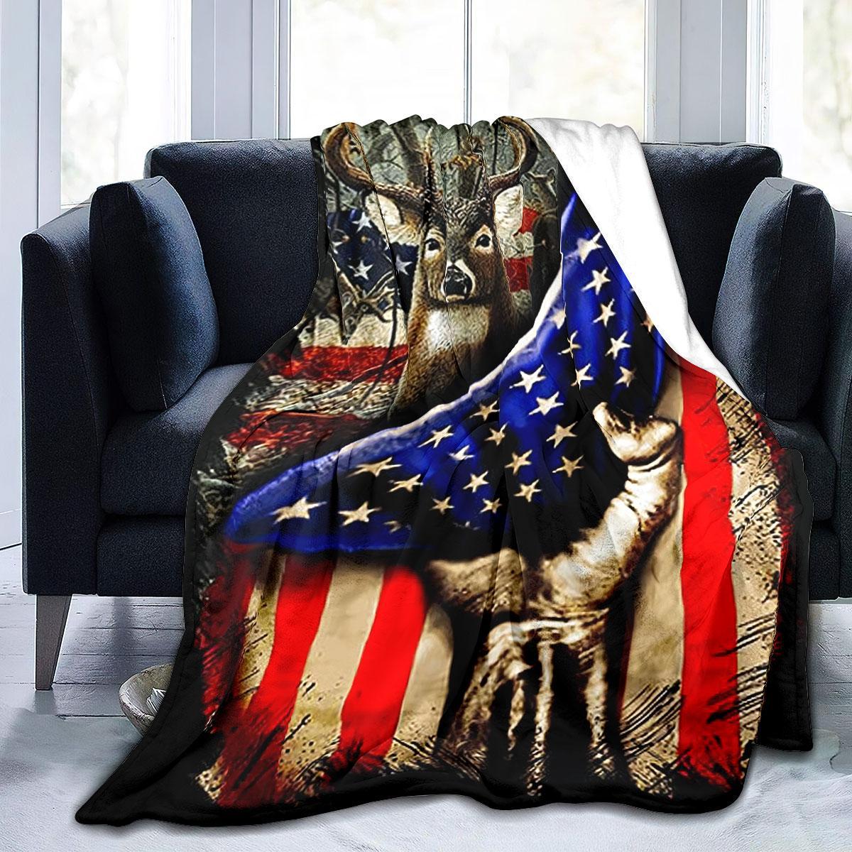American Flag & Deer Pattern Blanket, 1 Count Soft Warm Throw Blanket, Lightweight Cozy Blanket, Air-conditioned Room Blanket, Warm Nap Blanket for Home & Office & Travel