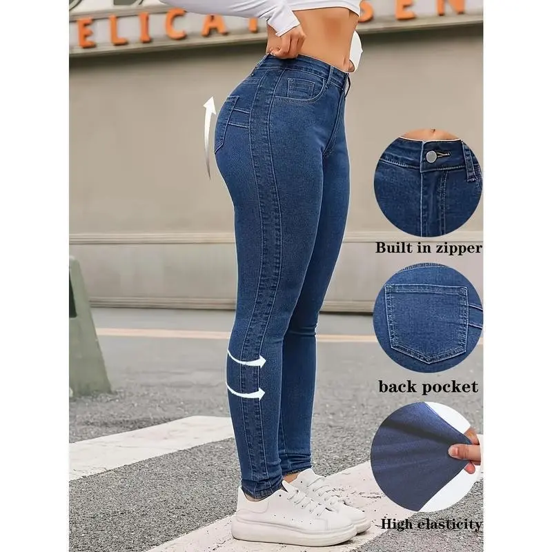 Women's Waisted Skinny Jeans - Classic Blue, Stretchy Fabric, Zipper Fly, Back Pocket, Casual All-Season Wear, Fit Spandex Bottom Woven Denim Pants