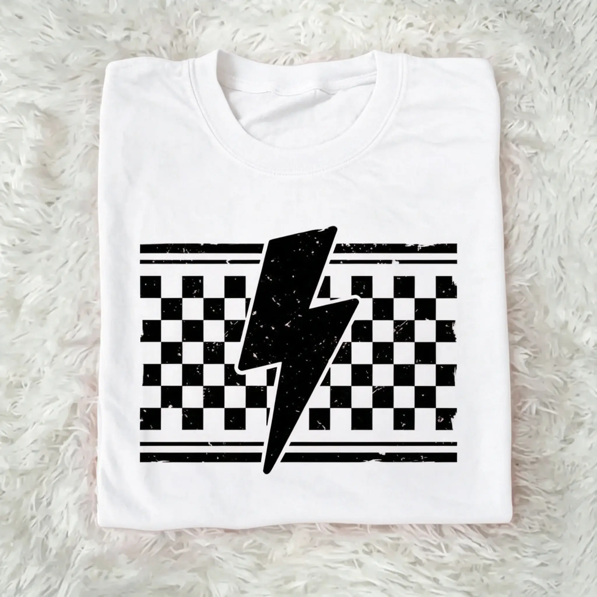 Women's Neon Pink Checkered Lightning Bolt Print Short-Sleeve T-Shirt - Soft, Comfy, Trendy Retro Aesthetic Casual Everyday Top, Shortsleeve, Fabric