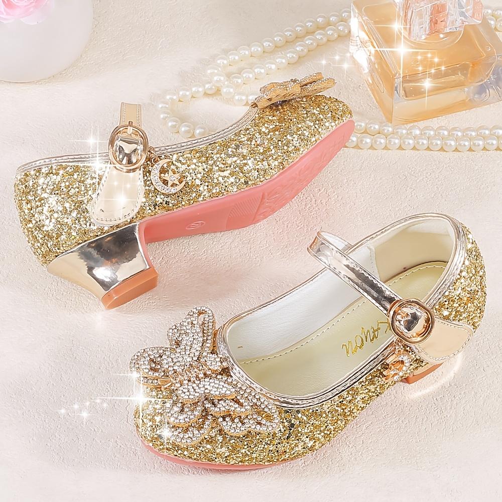 Girls' Princess Shoes with Rhinestone Flowers, New Autumn/Spring High Heel Golden Crystal Flat Shoes Children's Dress, Wedding, Banquet, Performance Princess Dress Shoes
