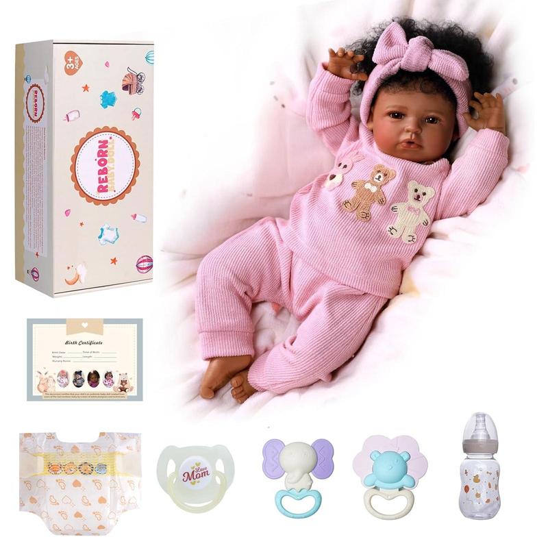 Babeside 20 Inch 8 Piece Baby Doll Set, Cloth Body + Vinyl Dark Skin, Unisex Toy with Gift Box and Feeding Accessories, Christmas New Year Birthday Gifts