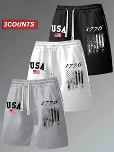 Men's Vintage Letter Usa Flag Print Drawstring Shorts, Patriotic Elastic Waist Casual Pants, American Retro Streetwear Bottoms#USAPrintShorts #PatrioticMensWear #TikTokFashion#AmericanStreetStyle#SummerCasualBottoms
