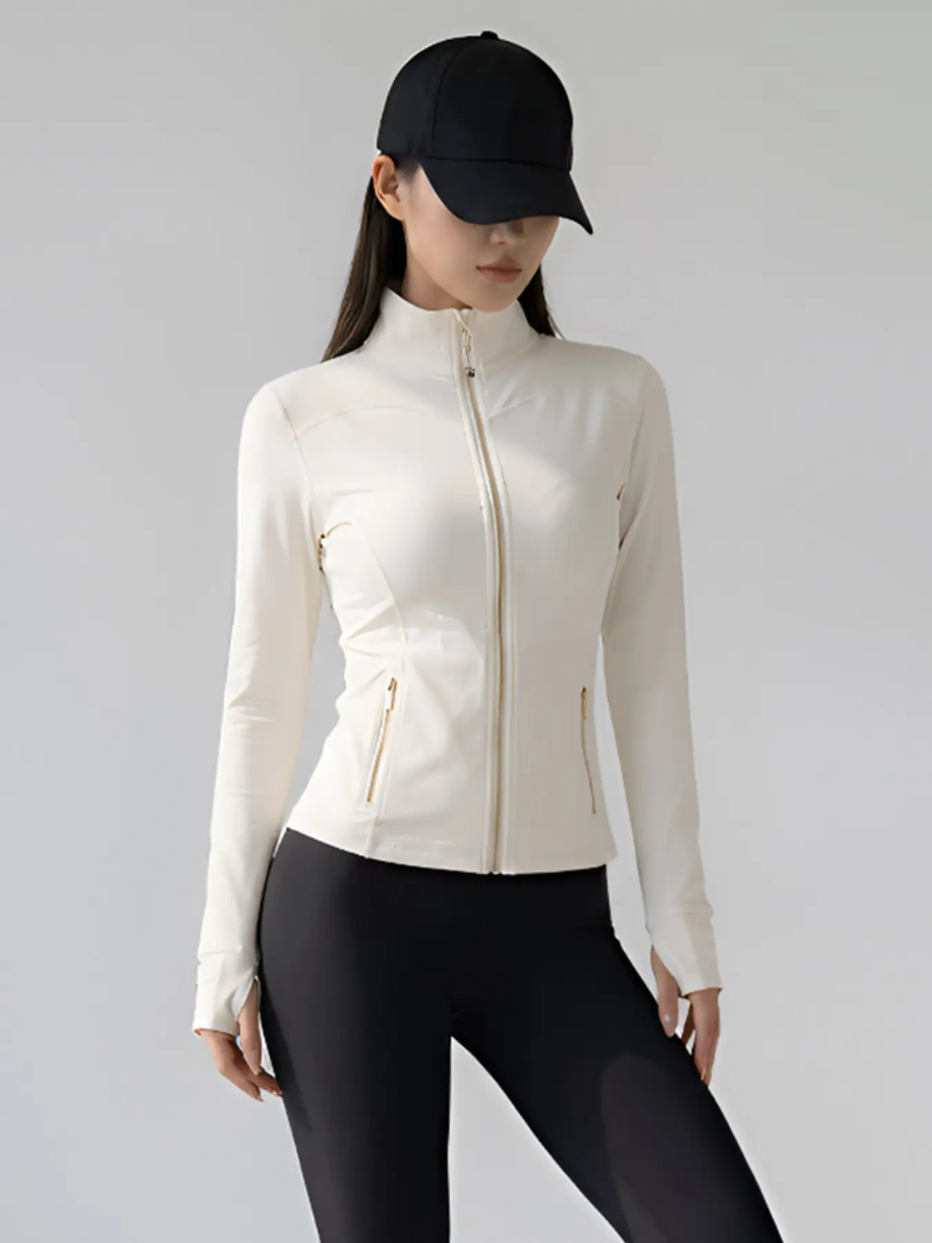 Stand up collar gold zipper women's jacket yoga top waist repair high elasticity quick drying sports jacket Activewear Jacket