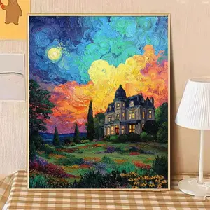 Digital oil painting DIY: Abstract painting of a fantasy night estate, complex coloring oil painting, digital painting with numbers