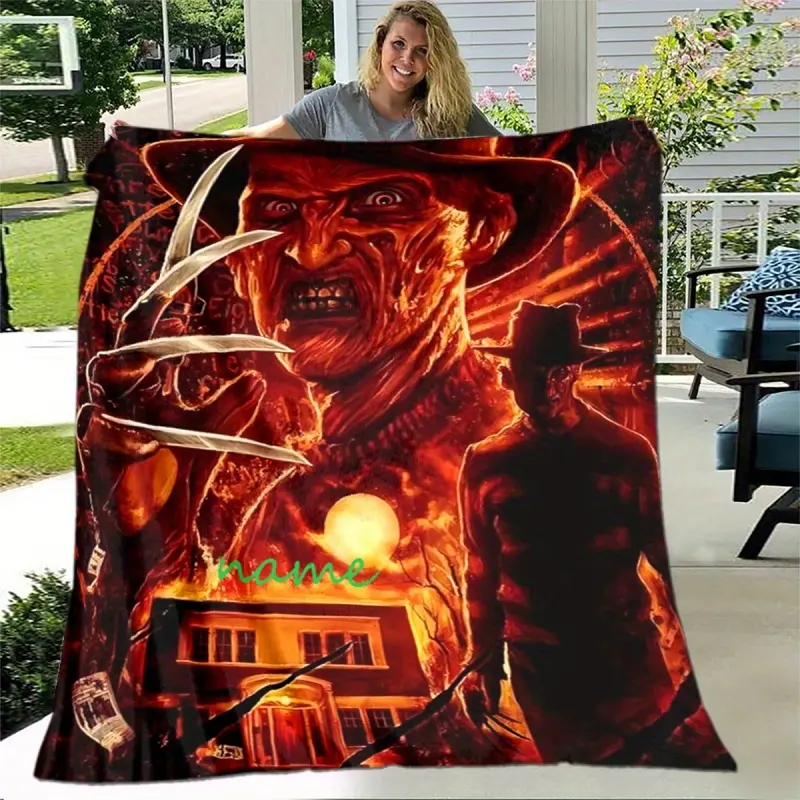 Custom Name Fiery Freddy Krueger Nightmare On Elm Street Claw House Print Fleece Soft Throw Blanket All Season Gothic Sofa Bed Office Nap Travel Camping Car Blanket Spooky Horror Decor Blanket Elm Street Fan Halloween Gift