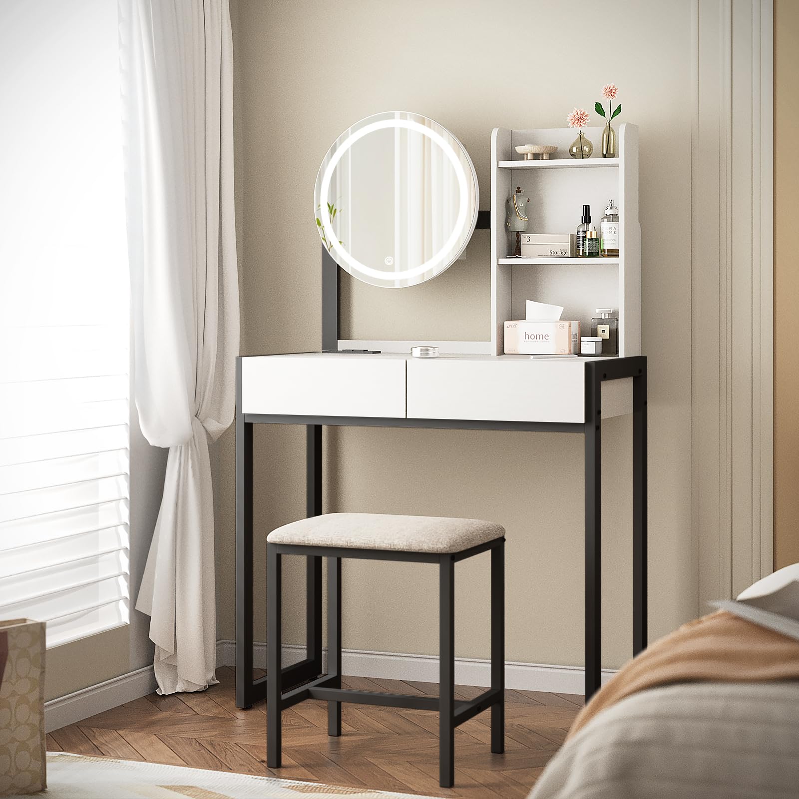 Small Vanity Desk with Mirror and Lights, Makeup Table with LED Mirror (3 Modes), Power Outlet, Drawer, Shelves & Cushioned Stool