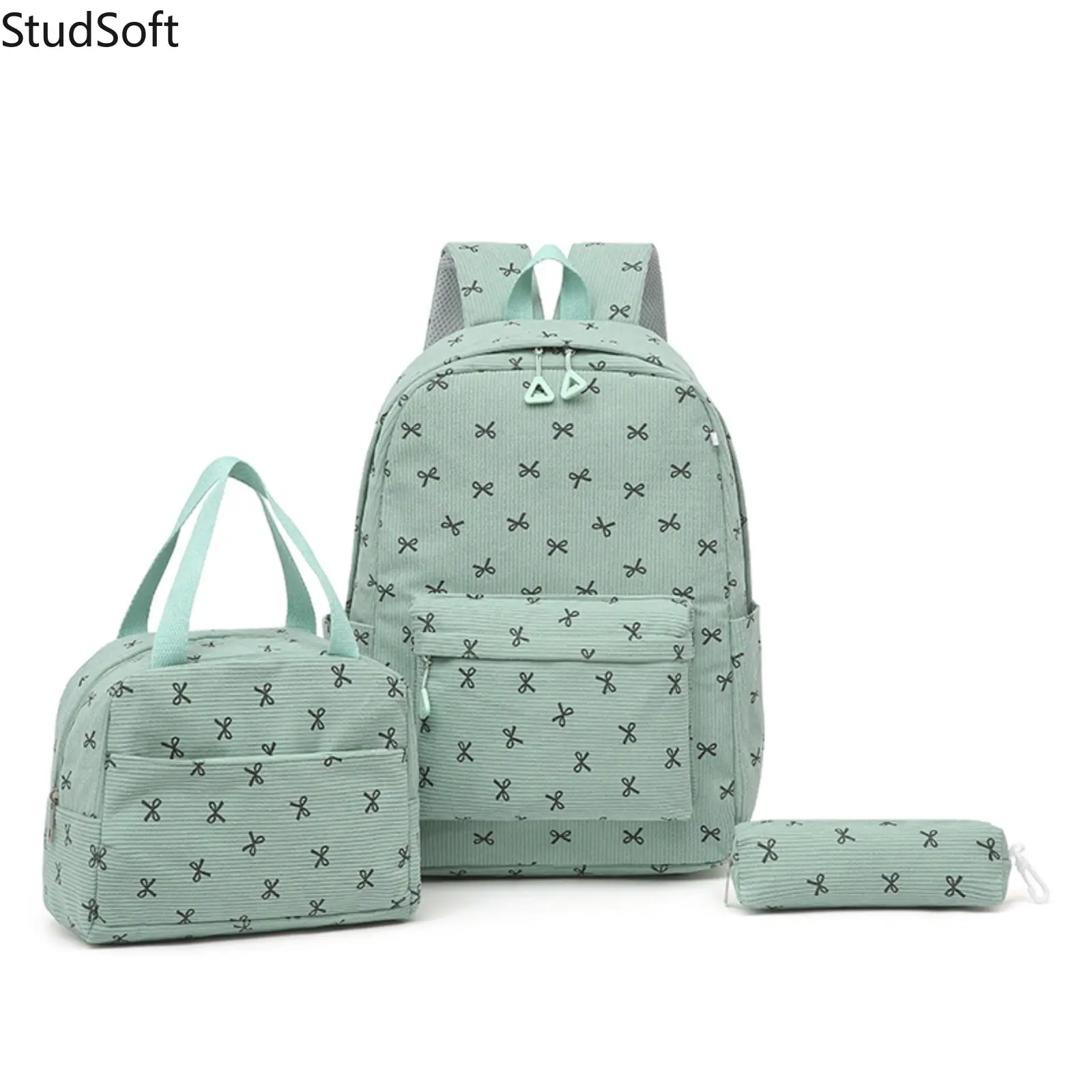 Girls' 3-Piece Corduroy Backpack Set - Mint Green Casual High-Capacity School Bag with Lunch Box and Pencil Case, Back to School Gift