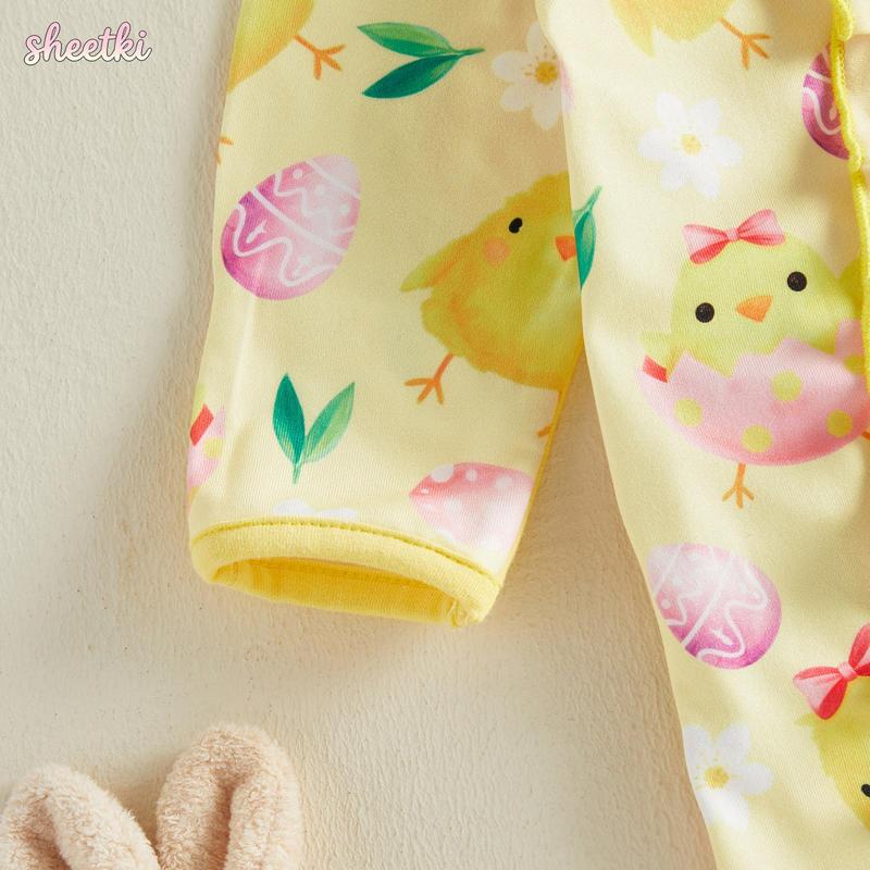 Newborn Baby Girl Easter Outfit Chick Egg Floral Long Sleeve Zip-up Footed Jumpsuit with Headband 2 Piece Spring Set