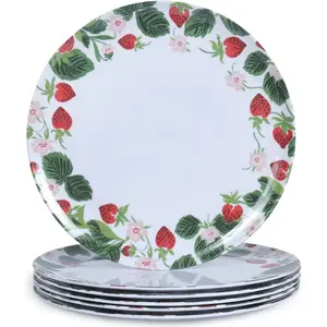 6-Pack Melamine Dinner Plates - 10 Inch Lightweight, Durable & Unbreakable Round Plates for Indoor/Outdoor Use - Strawberry
